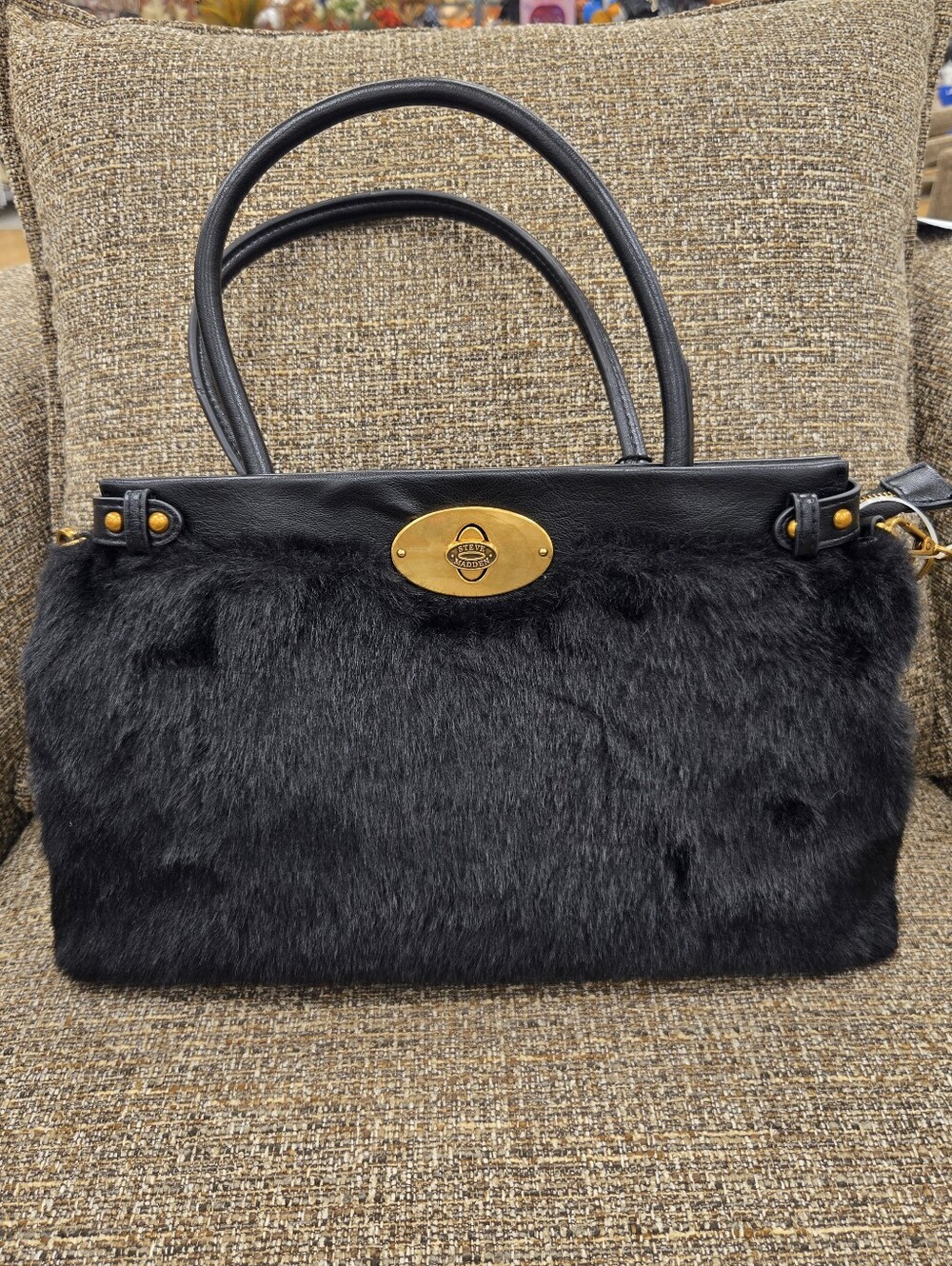 Steve Madden Black Faux Fur Shoulder Tote Handbag